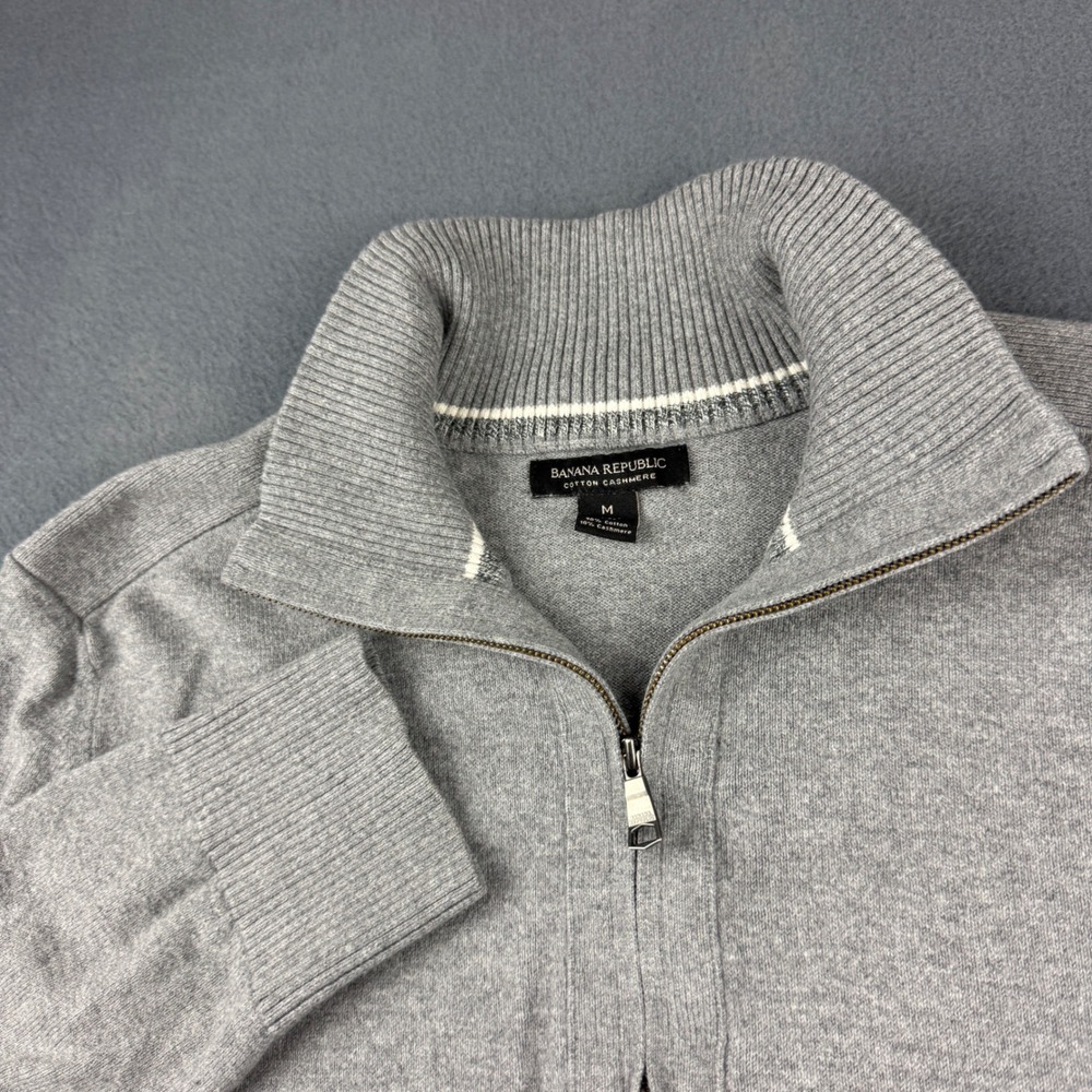 Banana Republic Sweater Men's M Gray Cotton Cashmere Quarter Zip Pullover Knit
